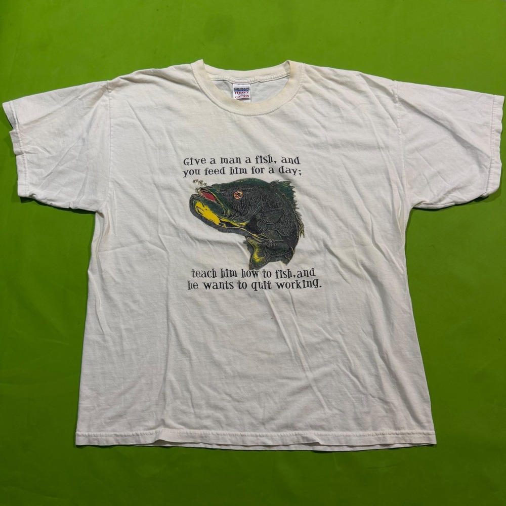 Gildan Heavy Cotton Fishing Graphic T-Shirt White XL Funny Bass Fish Quote Tee
